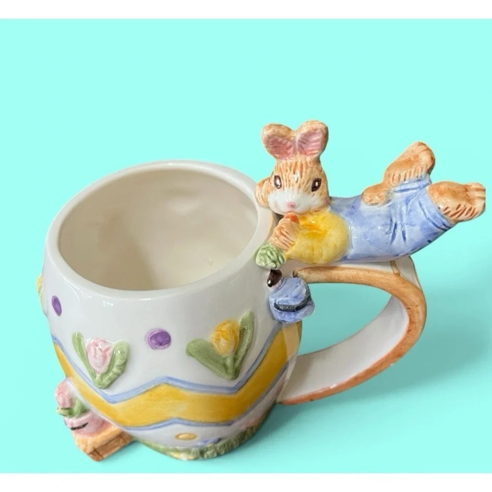 Fitz & Floyd Omnibus Eggspress Bunny‎ Rabbit Plate Cup Set Pastel Spring Vintage